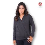 Women’s Stylish Cross Wrap Long Sleeve Top | Charcoal black