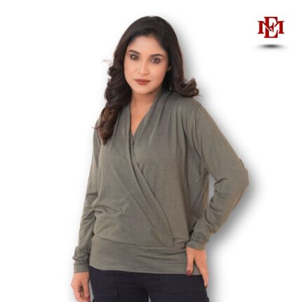 Women’s Stylish Cross Wrap Long Sleeve Top | Olive Green