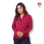 Women’s Stylish Cross Wrap Long Sleeve Top | Wine Red