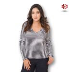 Women’s V-Neck Long Sleeve Top | Black & White Stripes