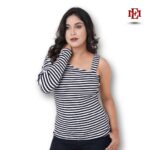 Women’s Strap Shoulder Long Sleeve Top | Black & White Stripes